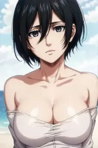 Làn gió biển làm tóc Mikasa rối nhẹ, tạo cảm giác tự nhiên trong khung hình bikini