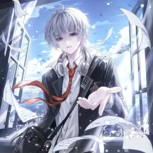Cậu tóc bạc mặc đồng phục, hot boy anime ngồi trong khung sáng xanh với cà vạt đỏ nổi bật