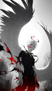 Bóng tóc trắng đứng giữa sắc đen đỏ, nam nhân anime nổi bật với cánh lớn và dáng lạnh