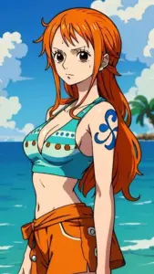 Trên boong Thousand Sunny, Nami mặc bikini sọc và nhìn xa như đang quan sát thời tiết
