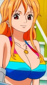 Cô gái waifu One Piece chỉnh mái tóc cam, bikini hồng làm nổi bật làn da sáng