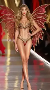 Bộ cánh bướm đỏ làm model Victoria’s Secret tóc vàng thêm nổi bật trên đường diễn rực sáng