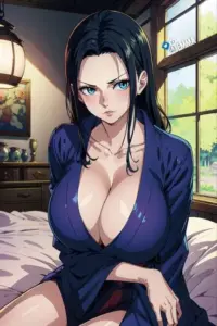 Robin đứng cạnh cửa kính khách sạn biển, đồ bơi một màu tạo nét mỹ nhân manga trưởng thành