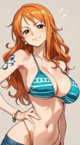 Tashigi bước qua nền cát ướt, mái tóc ngắn và kính tròn tạo vẻ cô gái anime đáng yêu