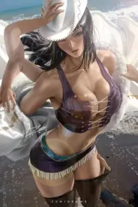 Tạo hình nữ thần anime bên hoàng hôn biển, bikini đen và ánh mắt lạnh nhẹ đầy mê hoặc