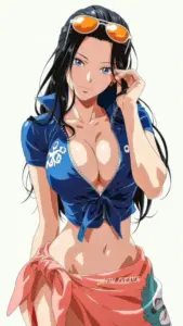 Nico Robin ngồi cạnh ly nước mát, kính râm đặt trên tóc và bikini xanh nổi bật