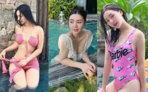 Ba khung hình ghép lại, cô gái diện bikini hồng, áo tắm trắng và đồ bơi Barbie