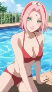 Bóng dáng Haruno Sakura in trên cát, bikini đen và khăn choàng đỏ tạo cảm giác nổi bật