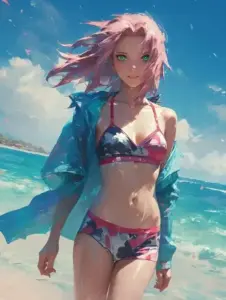 Thiếu nữ anime phiên bản trưởng thành cười dưới nắng, bikini trắng làm tổng thể trong trẻo hơn