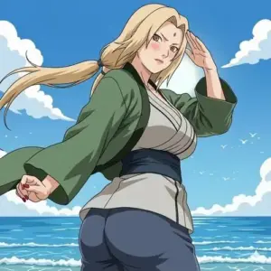 Nữ Hokage ngồi trên khăn tắm trắng, mái tóc vàng trải nhẹ sau lưng trong nắng sớm