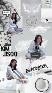 Trang collage xám của Jichu phối ảnh áo trắng, quần jeans và nét cười tinh nghịch